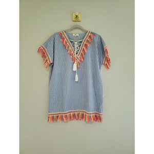 Entro Tunic Beach Coverup Small Tassels Cotton Blue Stripe Boho Hippie Colorful